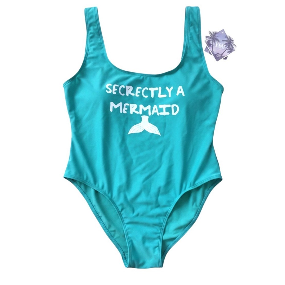 YMI Secretly A Mermaid Graphic One‎ Piece Swimsuit Large Teal